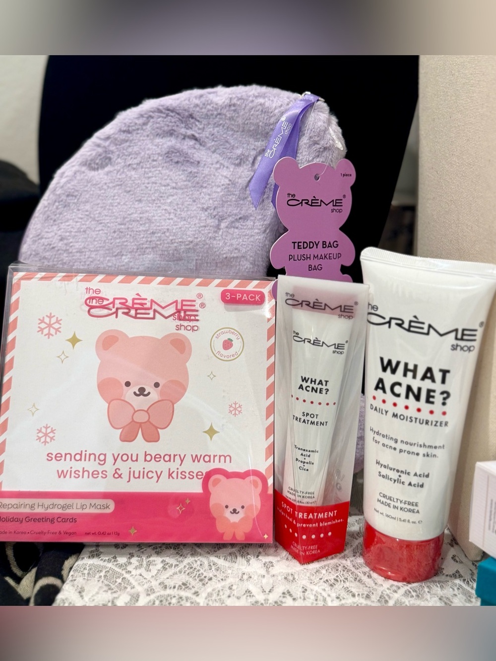 The Crème Shop What Acne? Skincare Set with Teddy Bag - Lavender & White